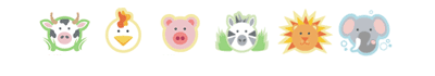 litte cow, little chicken, little piggy, little zebra, little lion, little elephant